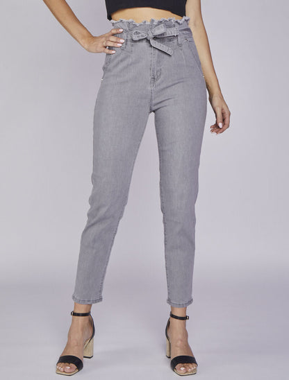 Jean slim paperbag à taille effilochée - Gris - 1