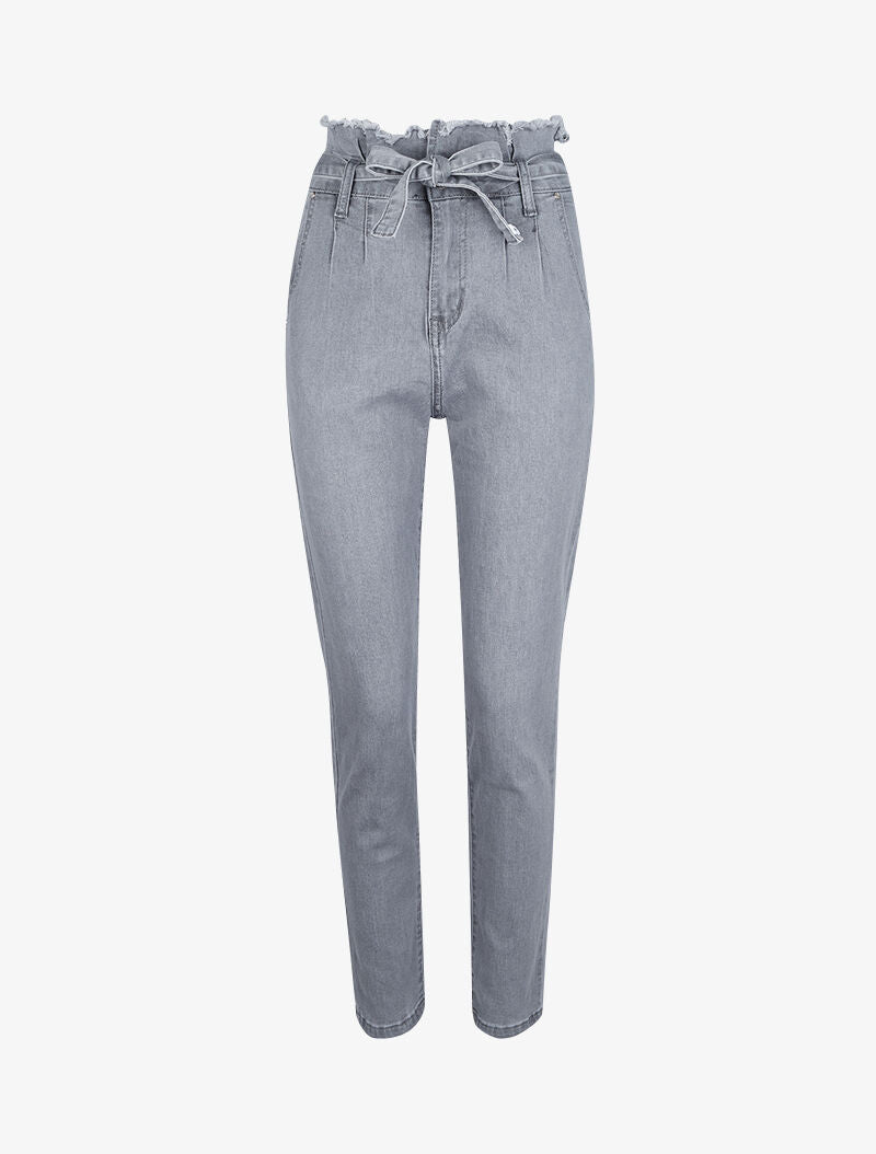 Jean slim paperbag à taille effilochée - Gris - 3