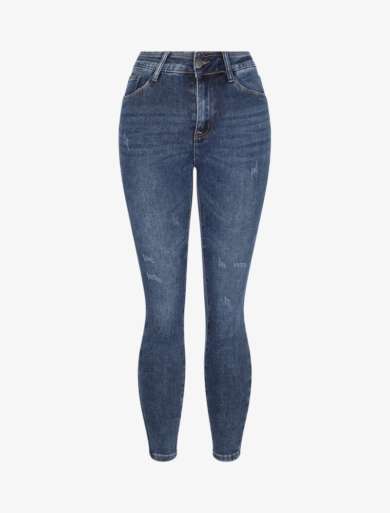 Jean skinny stretch à griffures et délavé - Bleu - 4