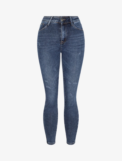 Jean skinny stretch à griffures et délavé - Bleu - 4