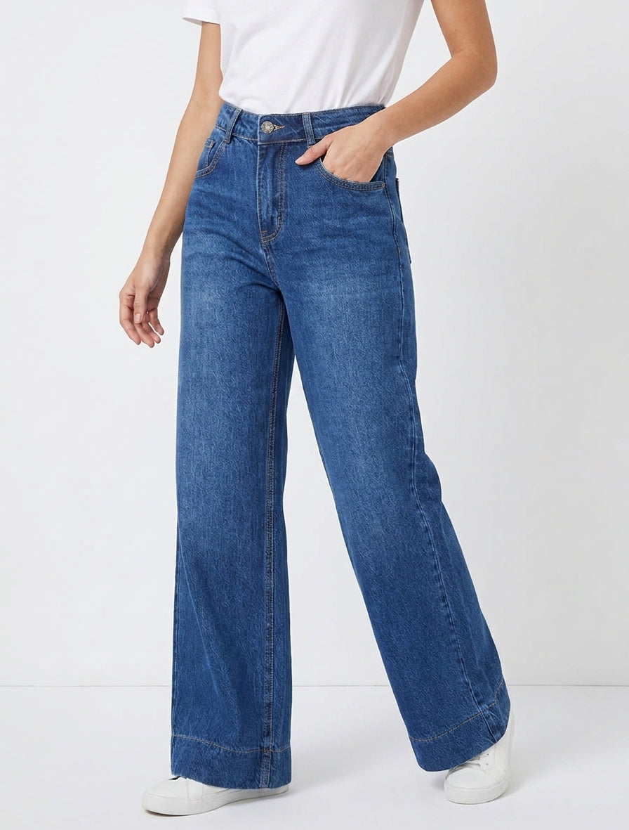 Jean de pierna ancha y tiro alto - Azul denim