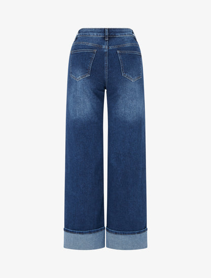 Jean wide leg délavé à ourlet - Bleu denim - 2