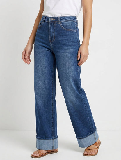 Jean de pierna ancha deslavado con dobladillo - Azul denim