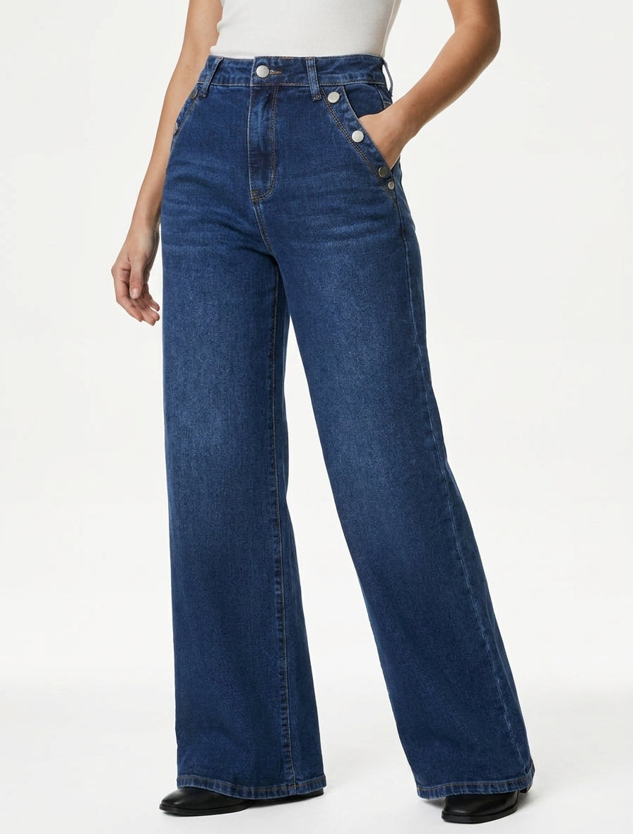 Jean de pierna ancha con bolsillos abotonados - Azul denim