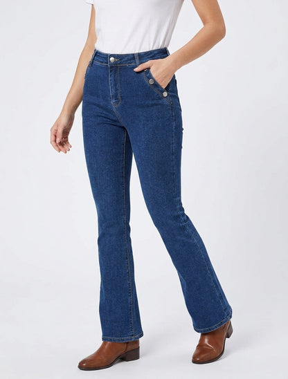 Jean acampanado con bolsillos abotonados - Azul denim