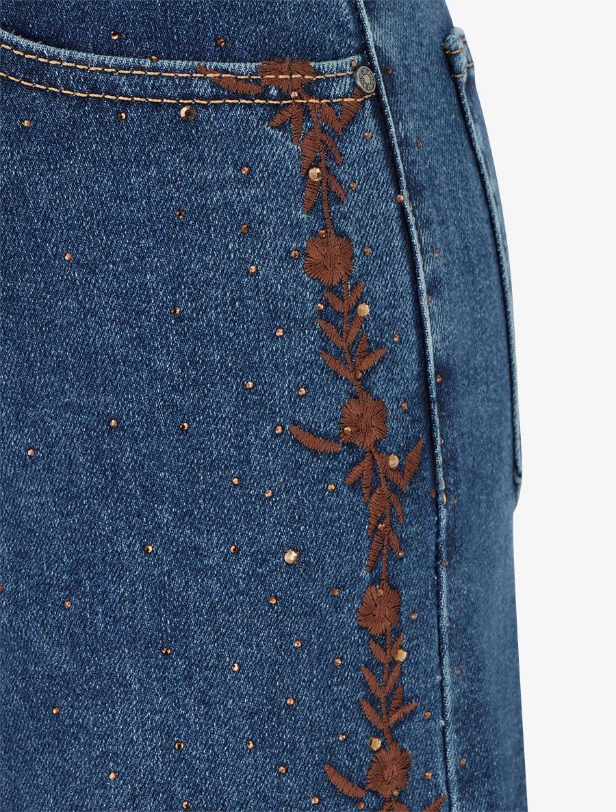 Jean wide leg à strass et broderies florales - Bleu denim - 3