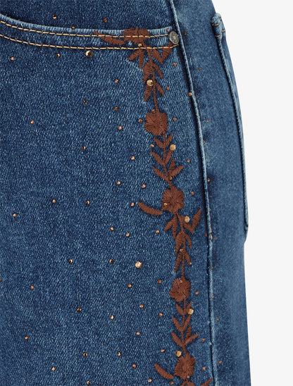 Jean wide leg à strass et broderies florales - Bleu denim - 3