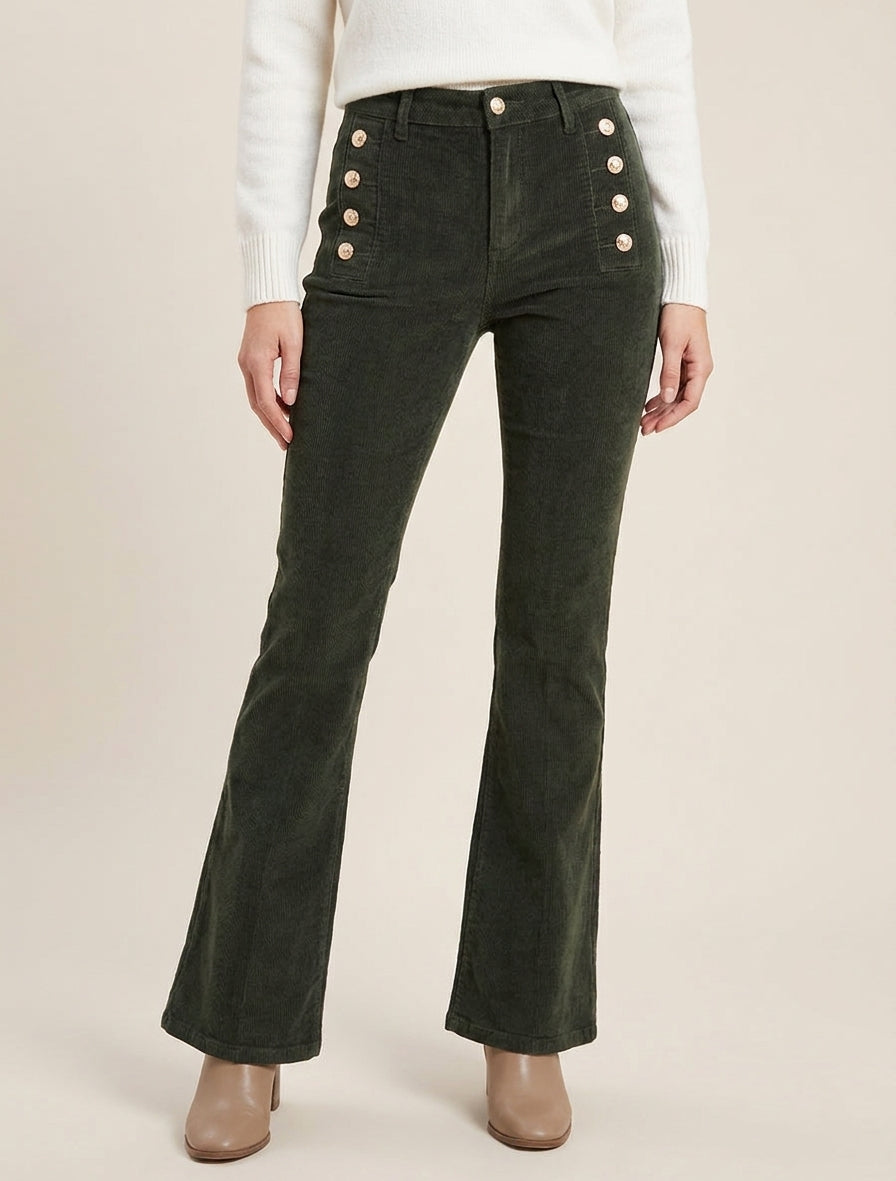 Pantalón acanalado con botones decorativos - Caqui