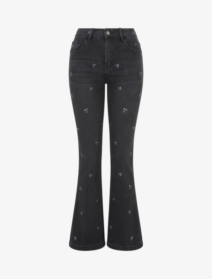 Jean à petites fleurs brodées coupe flare - Gris anthracite - 1