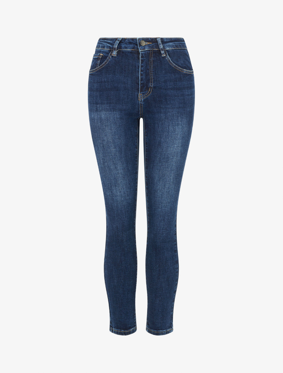 Jean slim délavé à taille haute - Bleu denim - 1