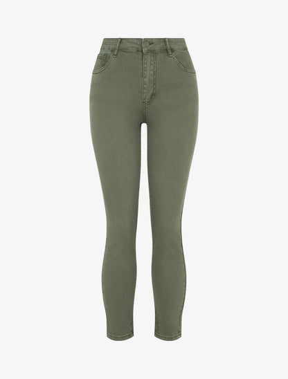Jean slim uni à taille haute - Kaki - 1