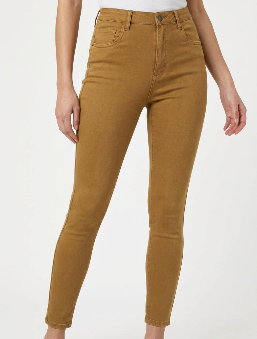 Jean ajustado liso de tiro alto - Amarillo mostaza