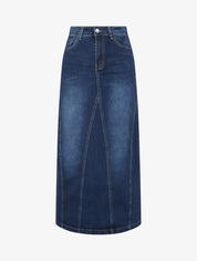 Jupe longue coupe droite en jean à coutures apparentes - Bleu - 1
