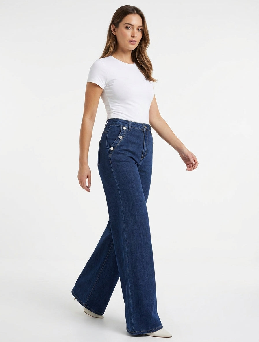 Jean de pierna ancha con bolsillos abotonados - Azul denim