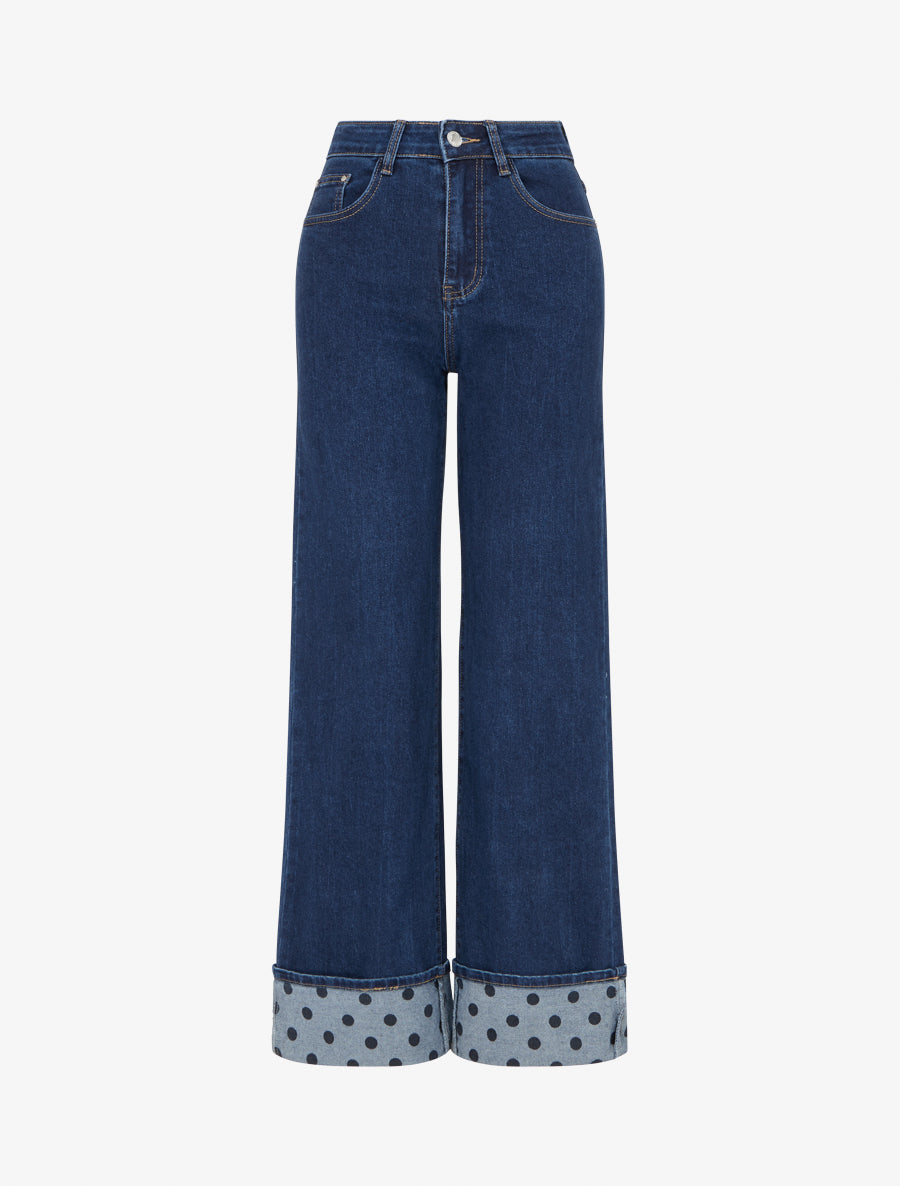 Jean wide leg revers imprimé pois - Bleu - 1