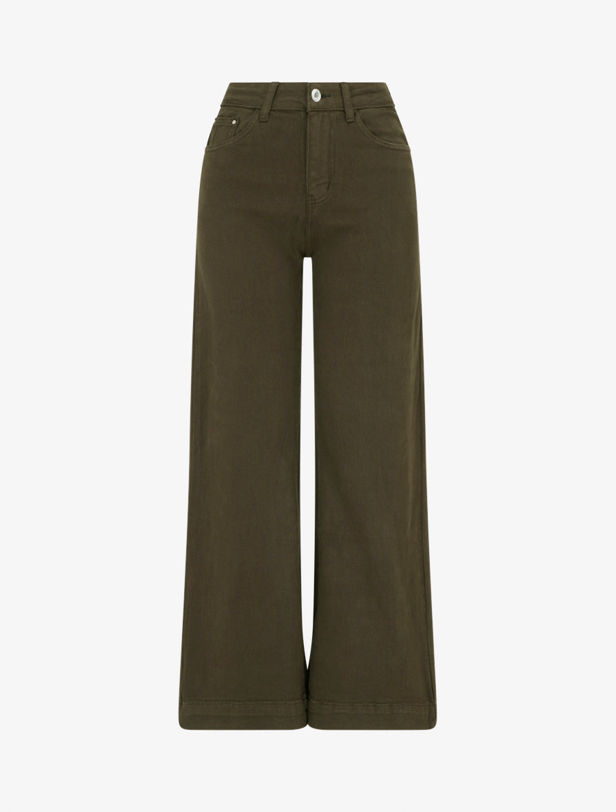 Jean wide leg uni taille haute - Kaki - 1