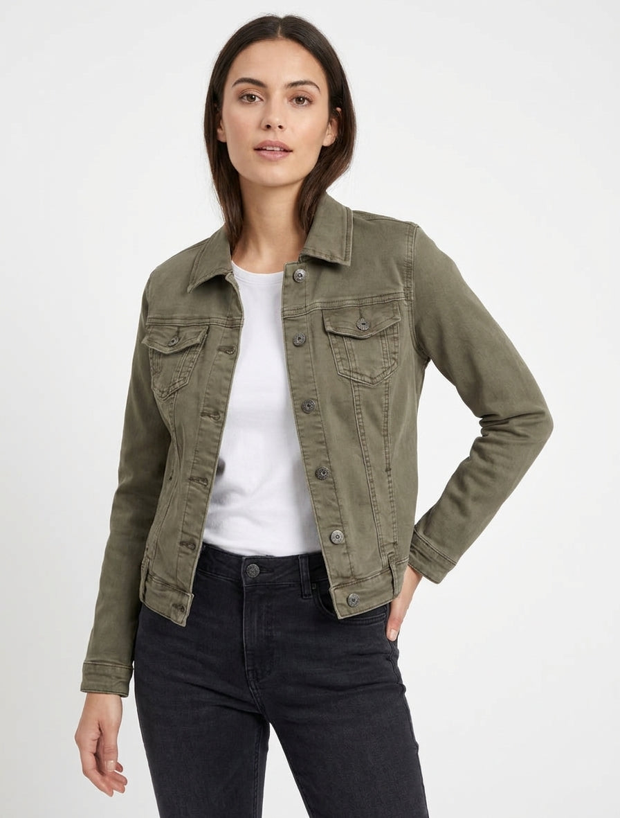 Chaqueta vaquera lisa de corte recto - Caqui