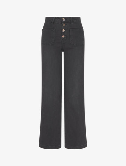 Jean droit avec fermeture boutons broderie florale - Noir - 1