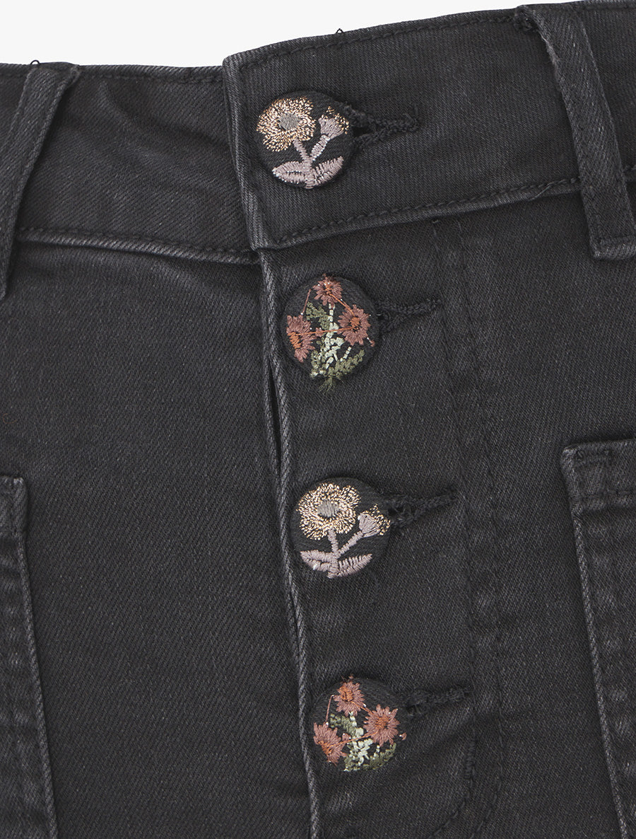 Jean droit avec fermeture boutons broderie florale - Noir - 3