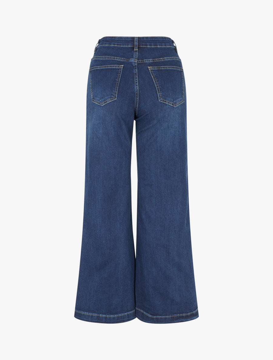 Jean délavé wide leg à boutons nacrés - Bleu - 2