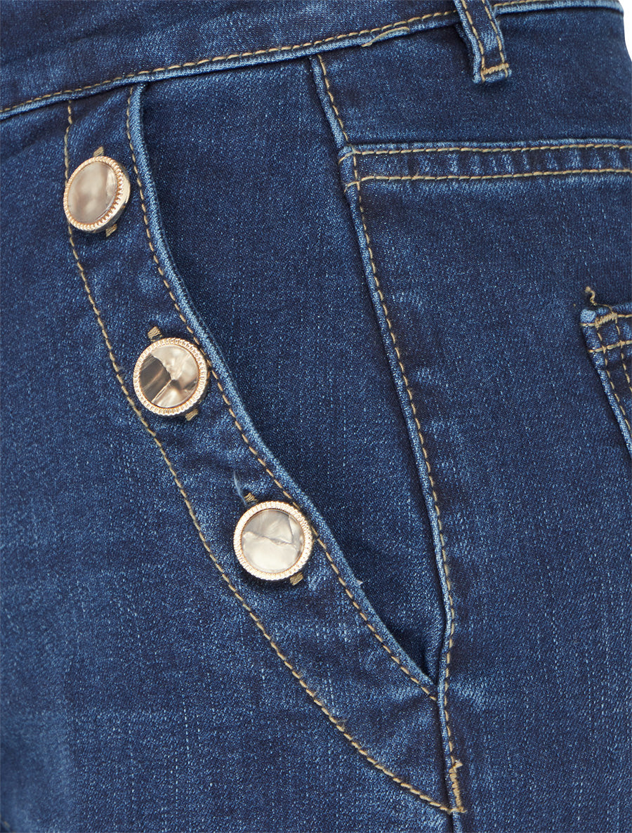 Jean délavé wide leg à boutons nacrés - Bleu - 3