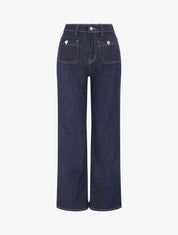 Jean wide leg taille haute avec poches plaquées à boutons décoratifs - Bleu brut - 1