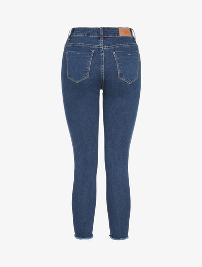 Jean 7/8 à bords coupe franche griffés - Bleu denim - 2