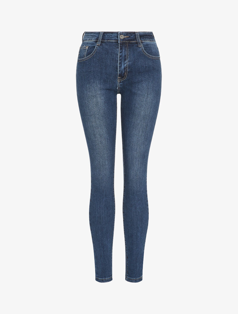 Jean slim légèrement délavé à taille haute - Bleu - 4