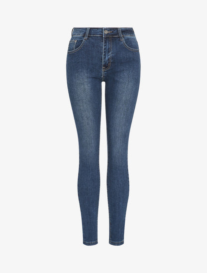 Jean slim légèrement délavé à taille haute - Bleu - 4