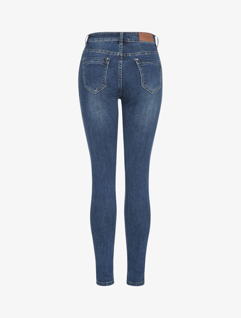 Jean slim légèrement délavé à taille haute - Bleu - 2