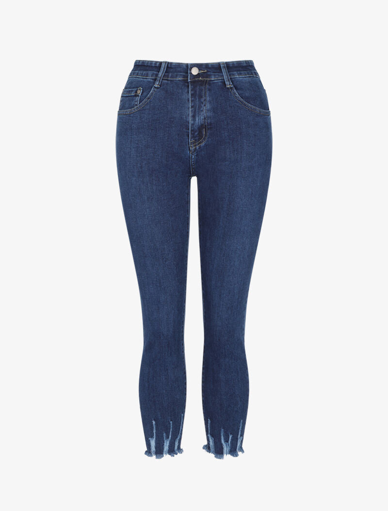 Jean slim 7/8 bords coupe franche à griffures - Bleu denim - 1