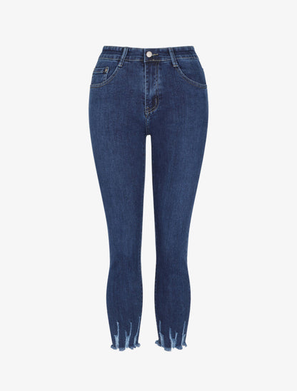Jean slim 7/8 bords coupe franche à griffures - Bleu denim - 1