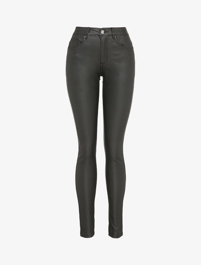 Pantalon enduit coupe slim taille standard - Noir - 1