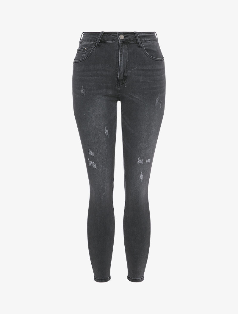 Jean slim à taille haute et griffures - Gris foncé - 1