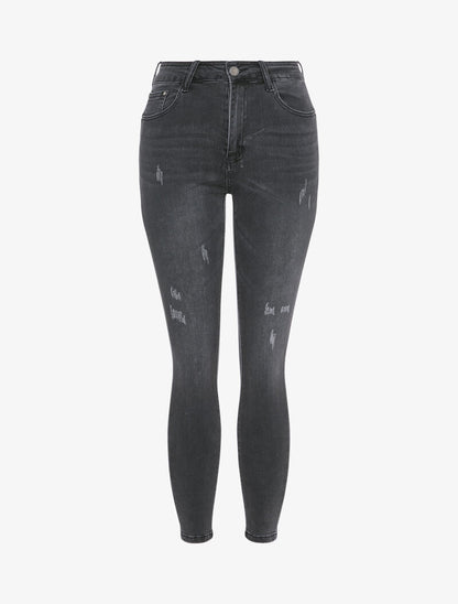 Jean slim à taille haute et griffures - Gris foncé - 1