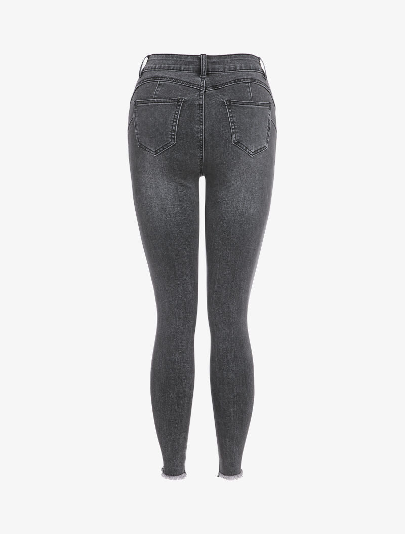Jean skinny délavé à bords coupe franche déchirés - Gris - 2