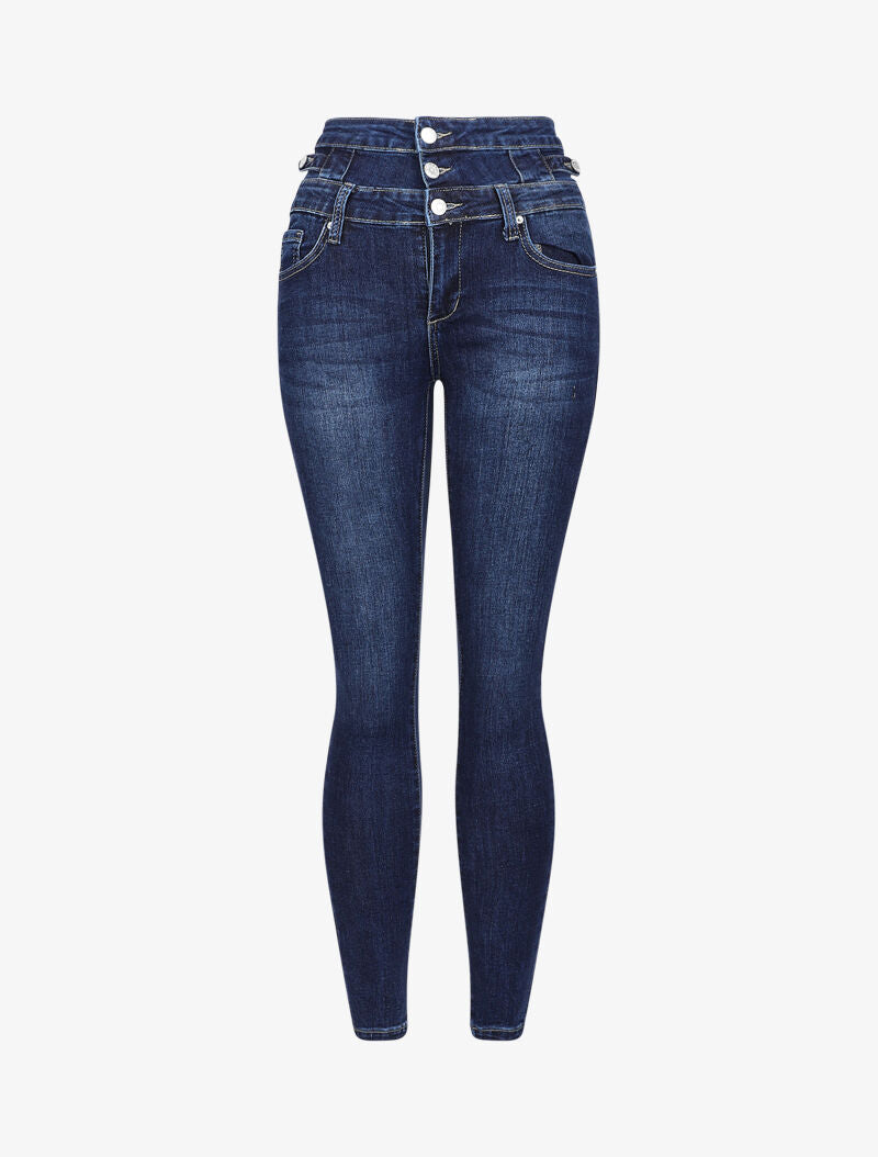 Jean skinny légèrement délavé à taille empire - Bleu denim - 4