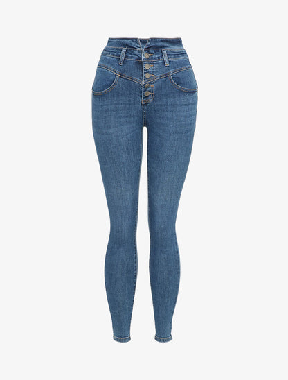Jean skinny à taille haute boutonnée - Bleu - 1