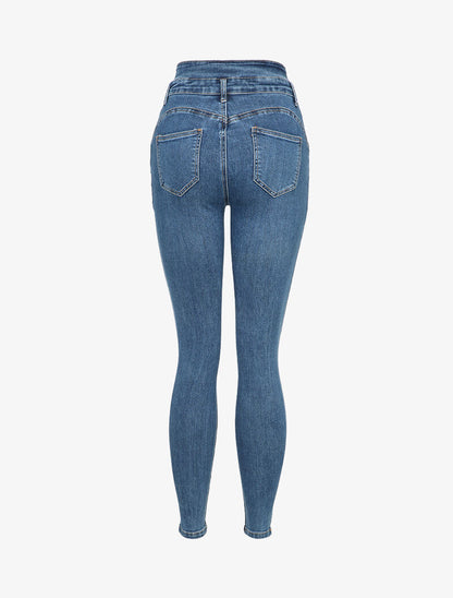 Jean skinny à taille haute boutonnée - Bleu - 2