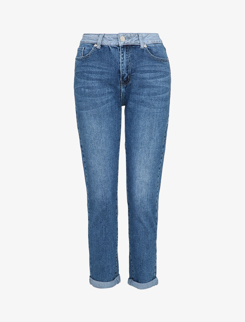 Jean boyfriend à taille basse contrastante - Bleu denim - 1