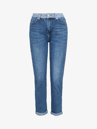 Jean boyfriend à taille basse contrastante - Bleu denim - 1