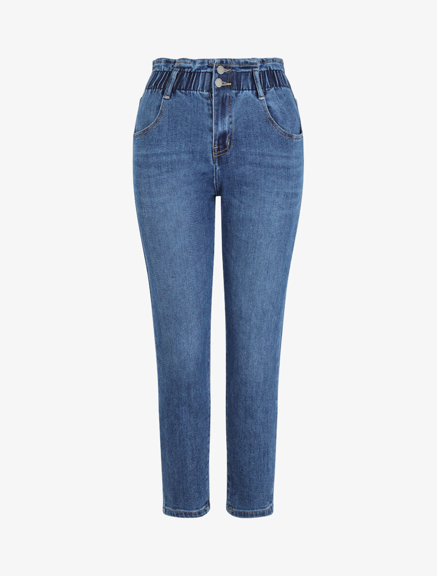 Jean mom à taille élastiquée - Bleu - 1