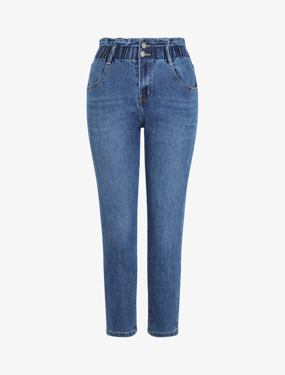 Jean mom à taille élastiquée - Bleu - 1