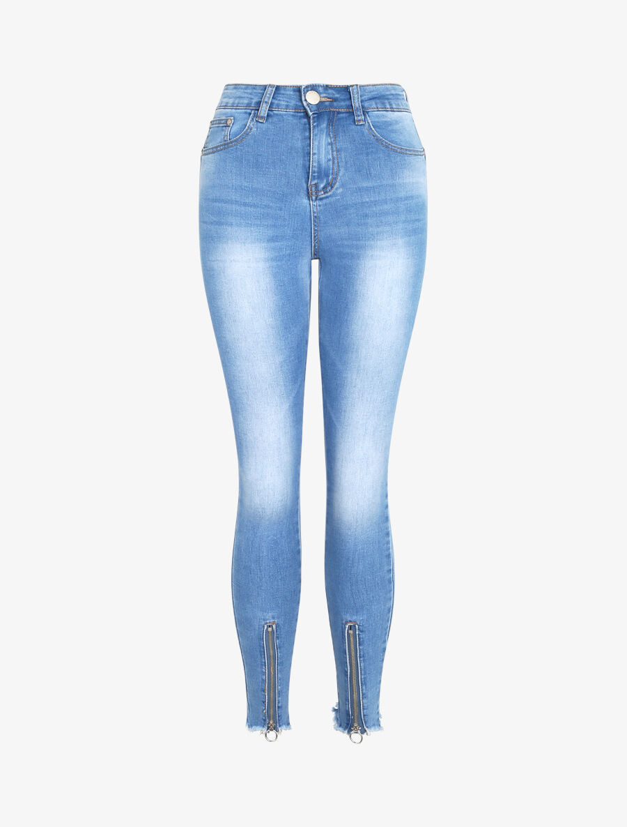 Jean push up à bords à zips - Bleu denim - 1