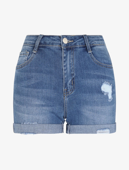 Short en jean déchiré à bords retroussés - Bleu - 5