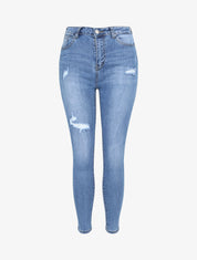 Jean push up skinny à déchirures et légérement délavé - Bleu denim - 1