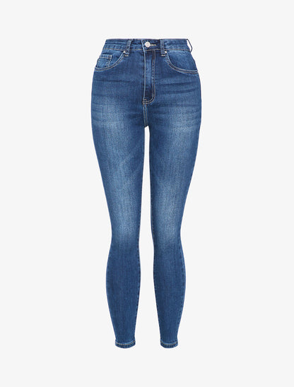 Jean skinny taille haute délavé - Bleu denim - 1