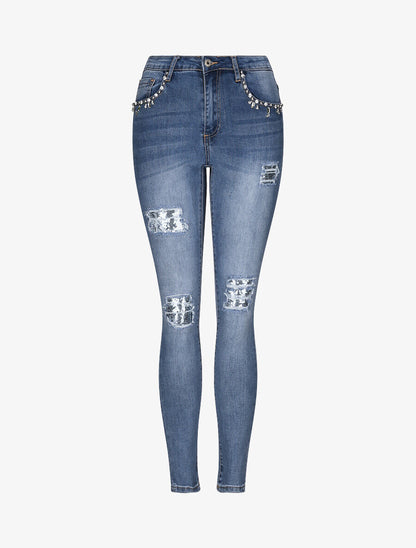 Jean slim déchiré à poches strassées - Bleu denim - 4