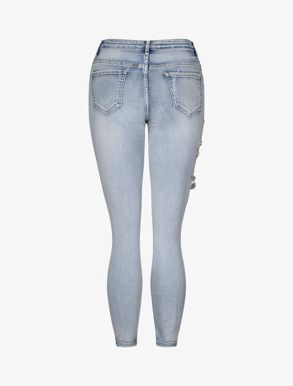 Jean slim à empiècement broderies et strass - Bleu clair - 2