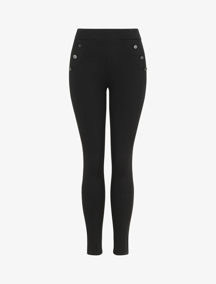 Pantalon strech uni à boutons stylisés - Noir - 1